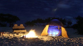 A nighttime camping scene on a sandy beach with a lit campfire and a brightly illuminated tent. An abandoned car seat is placed near the fire. The surrounding area is dark, with silhouettes of trees in the background, highlighting a peaceful and secluded setting.