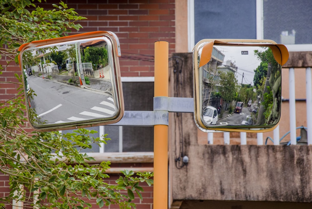 two square mirrors beside green plants