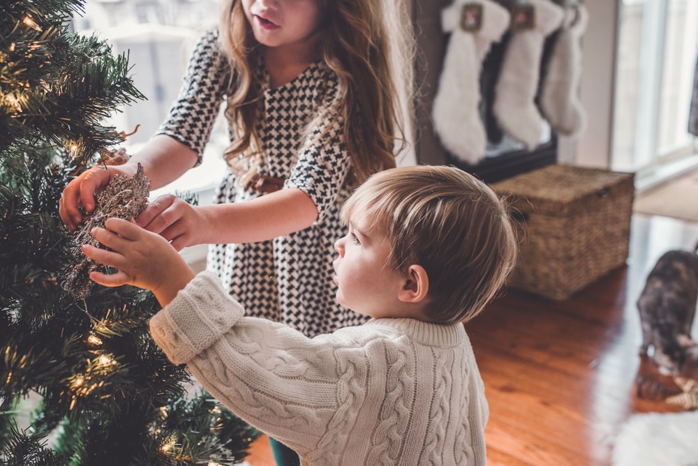 部屋の中のクリスマスツリーを飾る男の子と女の子