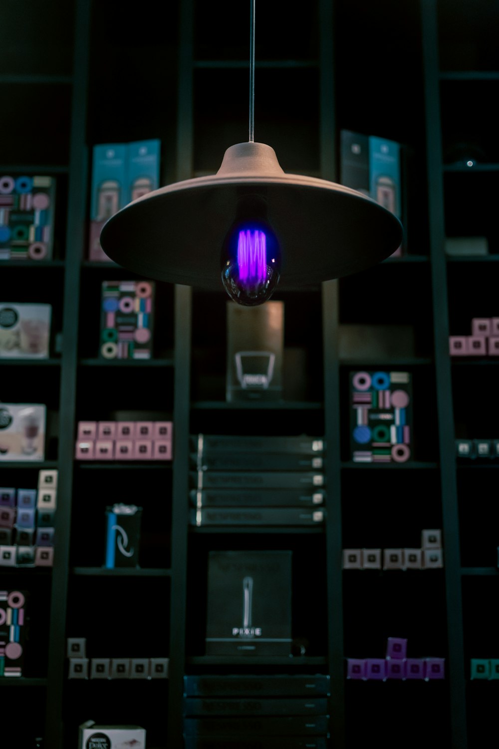 close-up photography of purple pendant lamp