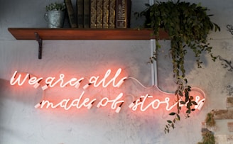 lighted we are all made of stories red neon wall signage inside room