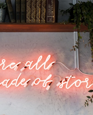 lighted we are all made of stories red neon wall signage inside room