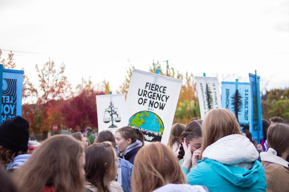 group of people holding signages under white sky