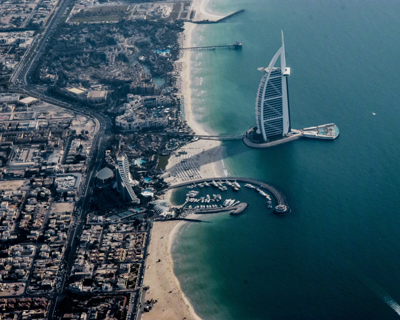 Aerial view of Burj Al Arab and the Dubai coastline