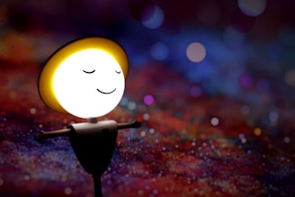 A round-faced, cartoon-like character with a glowing halo and a calm expression stands against a vibrant, colorful bokeh background. The character has a simple body with outstretched arms, giving a sense of serenity and peace.