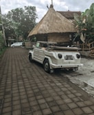 A rental car parked near a colorful house, ready for a day of island exploration.