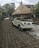 An old white convertible car is parked on a stone-paved street beside a traditional thatched roof hut. Trees and plants surround the area, giving a lush, tropical ambiance. Another white car is visible in the background parked on the same street.