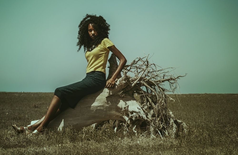 woman sitting on top of driftwood on field at daytime