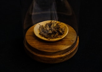 A small wooden plate holds dried plant material under a glass dome. The base is wooden, complementing the browns and natural tones of the contents.