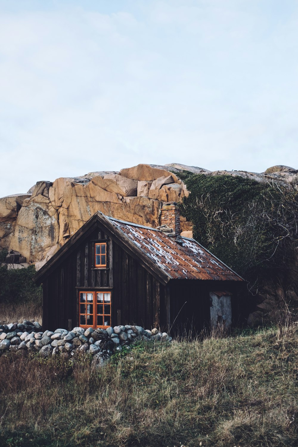 brown wooden house near mountain