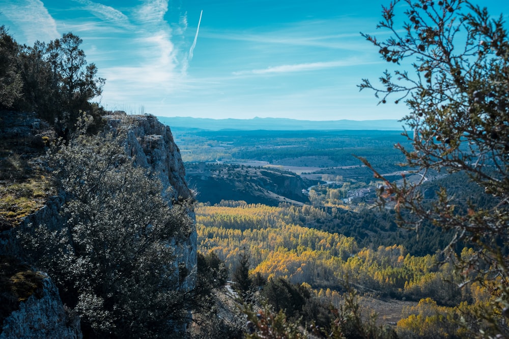 a scenic view of a valley in the mountains