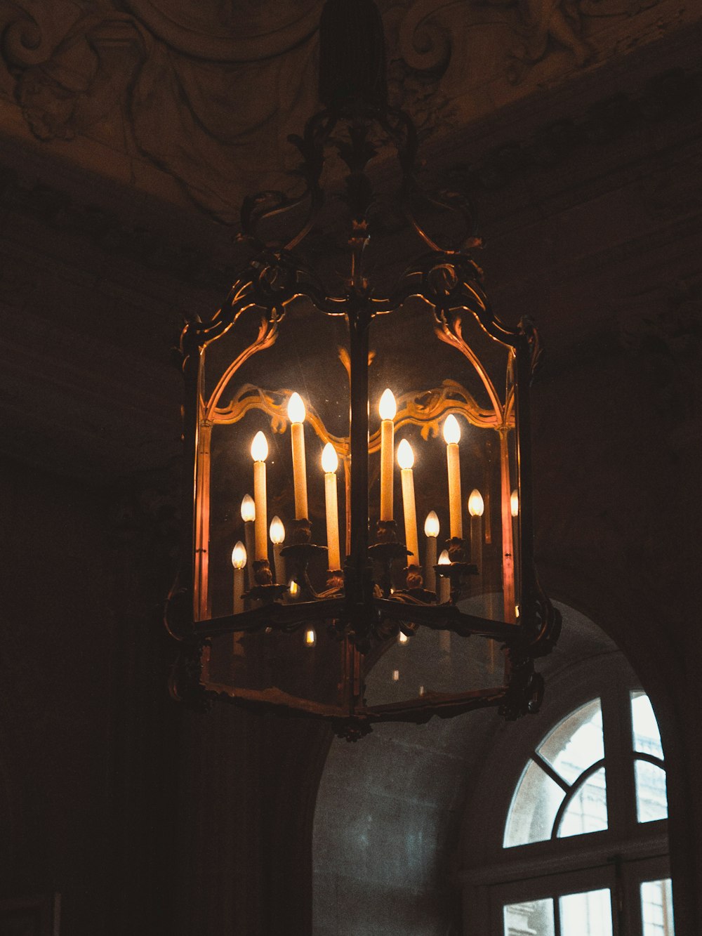 lit brown and white chandelier