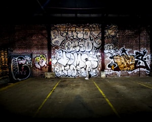 A brick wall covered with various graffiti and street art designs, showcasing different styles and colors. In front of the wall, a paved area with faded yellow parking or boundary lines is visible. The scene is dimly lit, suggesting an urban environment or warehouse setting.