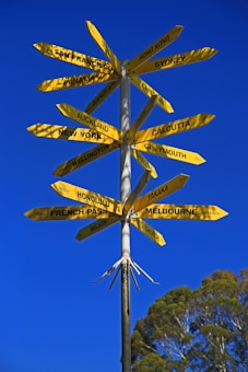 A tall signpost with multiple yellow directional signs pointing towards various cities around the world, mounted on a metal pole. The signpost stands against a clear blue sky, with some trees in the background.