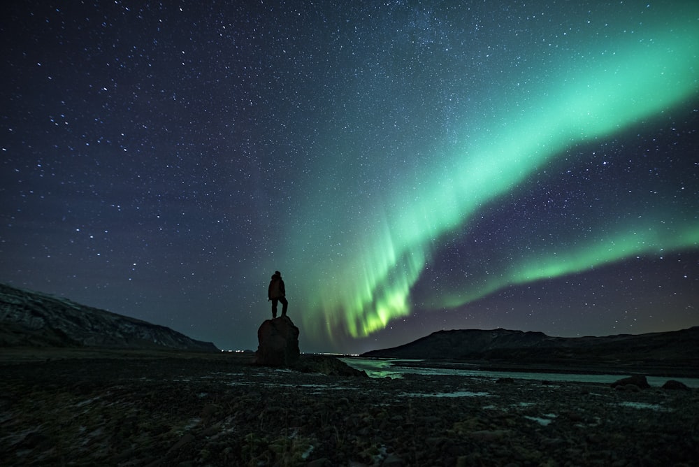 silhouette of person under Northern lights