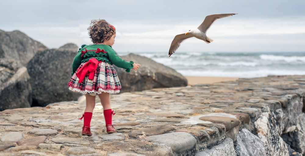 muchacha de pie en el muelle de la playa cerca del pájaro volador