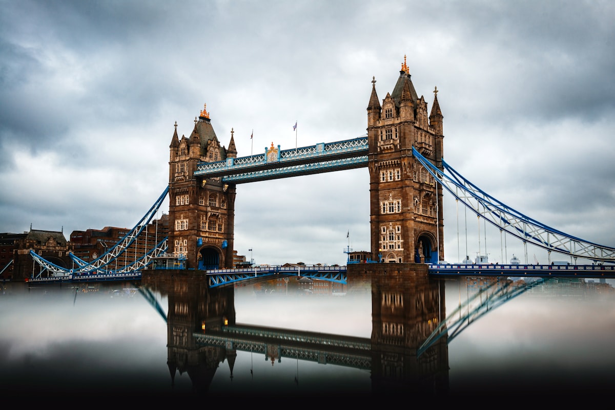 London February — Tower Bridge under a grey overcast winter sky