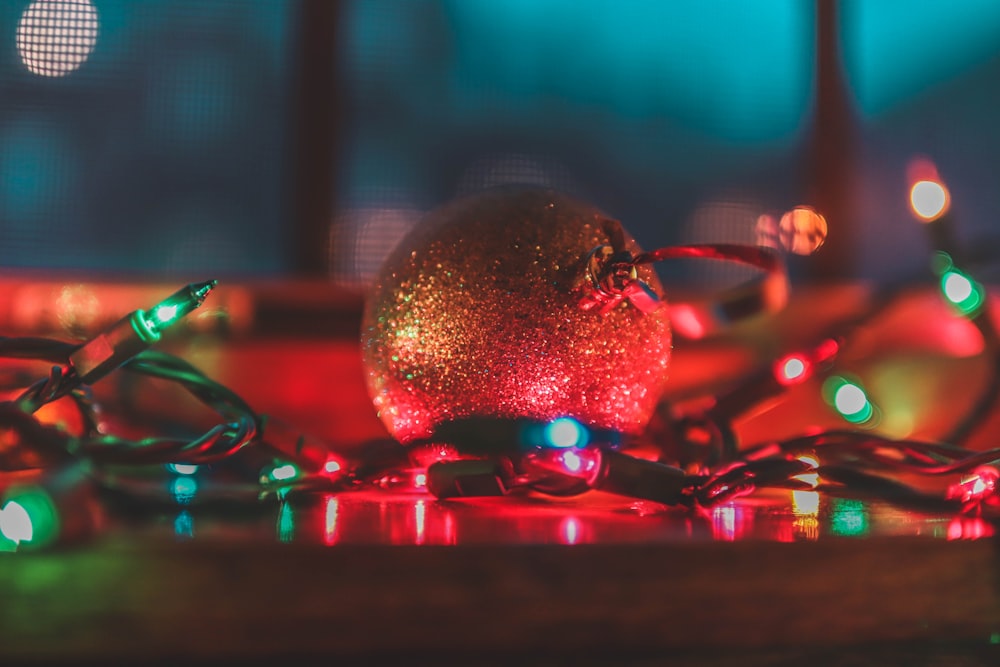 string lights beside Christmas bauble