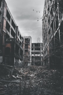 grayscale photo of abandon tenement
