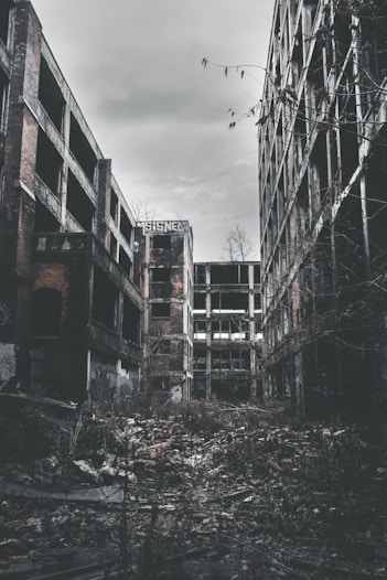 grayscale photo of abandon tenement