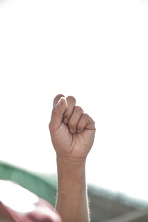 A close-up of a raised fist symbolizing strength and unity in a protest.