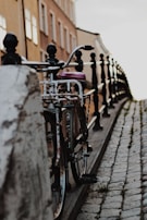 A hybrid bike resting on a cobblestone street with vintage buildings in the background.