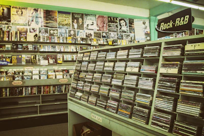 A vintage-looking music store interior with shelves filled with CDs and DVDs. Posters of famous artists and albums cover the upper part of the wall. The signage indicates sections for different music genres, such as Rock and R&B.
