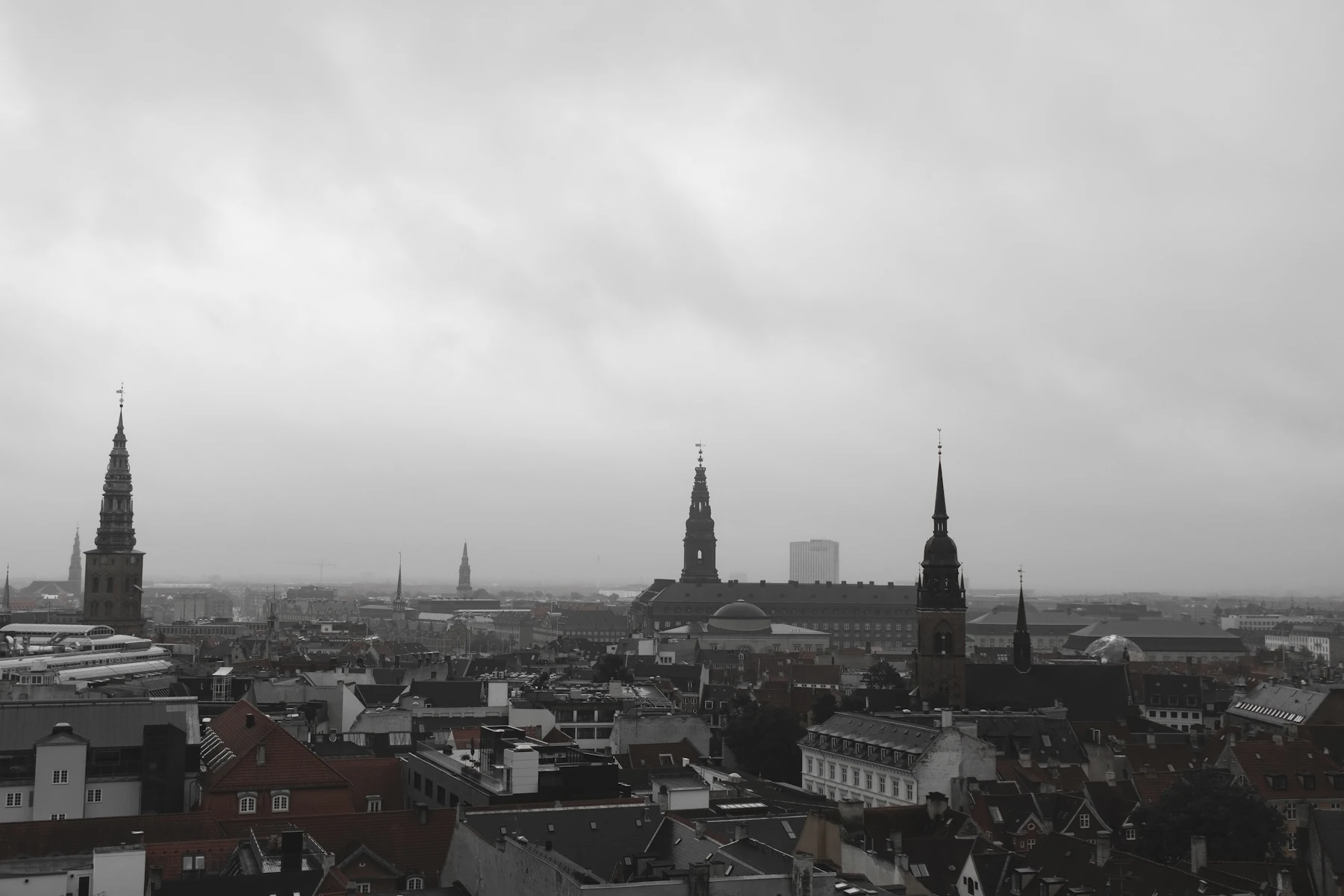 Copenhagen rooftops and church spires under a grey sky.