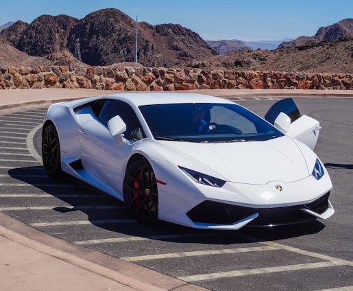 A sleek luxury sports car parked against a scenic backdrop.