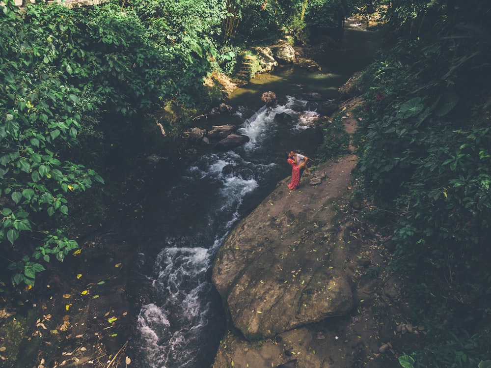 man and woman kissing and standing on rock beside the river near the trees