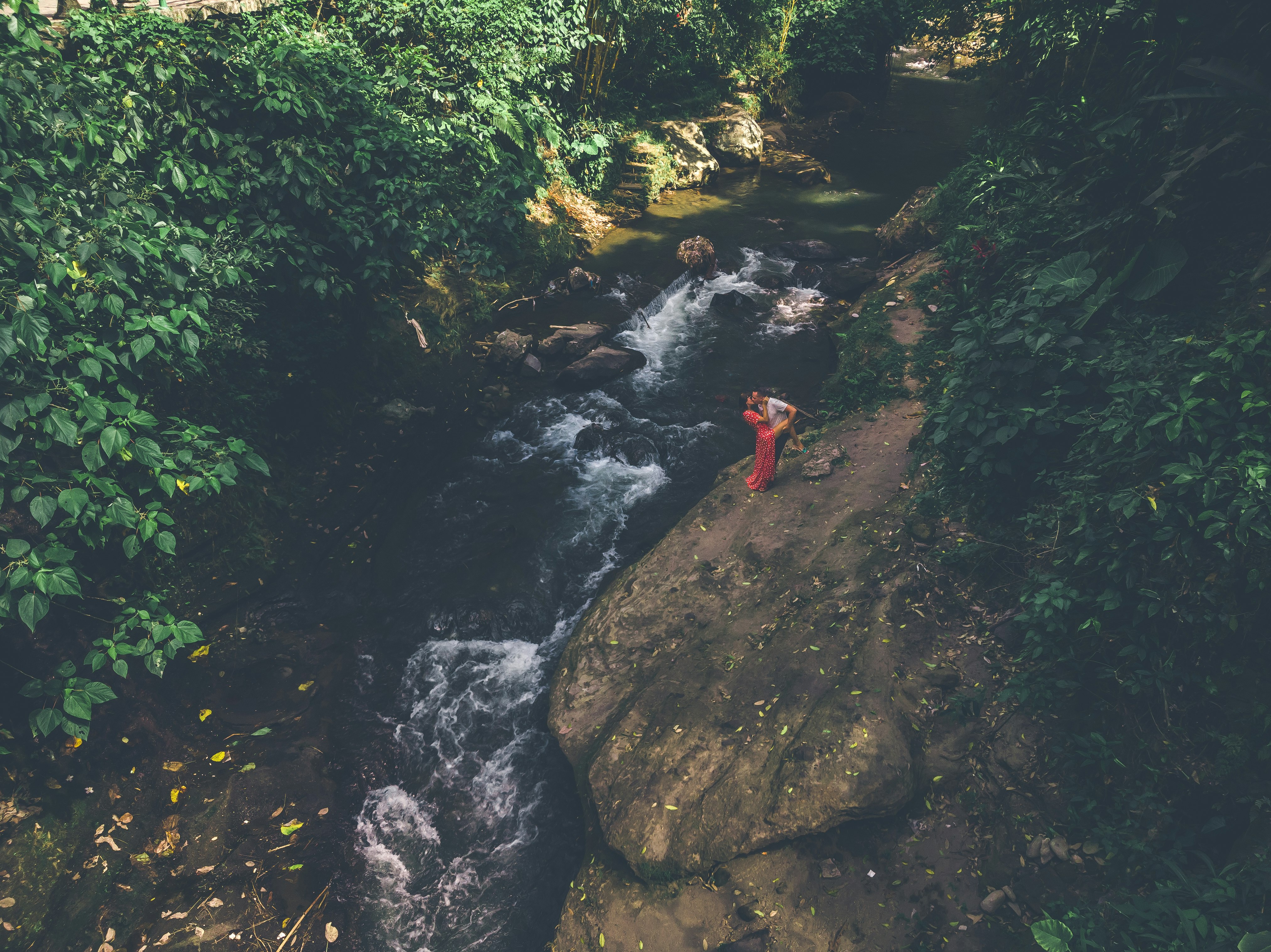 man and woman kissing and standing on rock beside the river near the trees