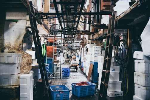 A bustling indoor market scene with numerous white styrofoam boxes stacked along the narrow aisle. Several ladders and hanging cables create a busy and industrious atmosphere. A blue plastic crate filled with red fish or seafood is visible in the foreground. The lighting is dim, suggesting an early morning market setting.