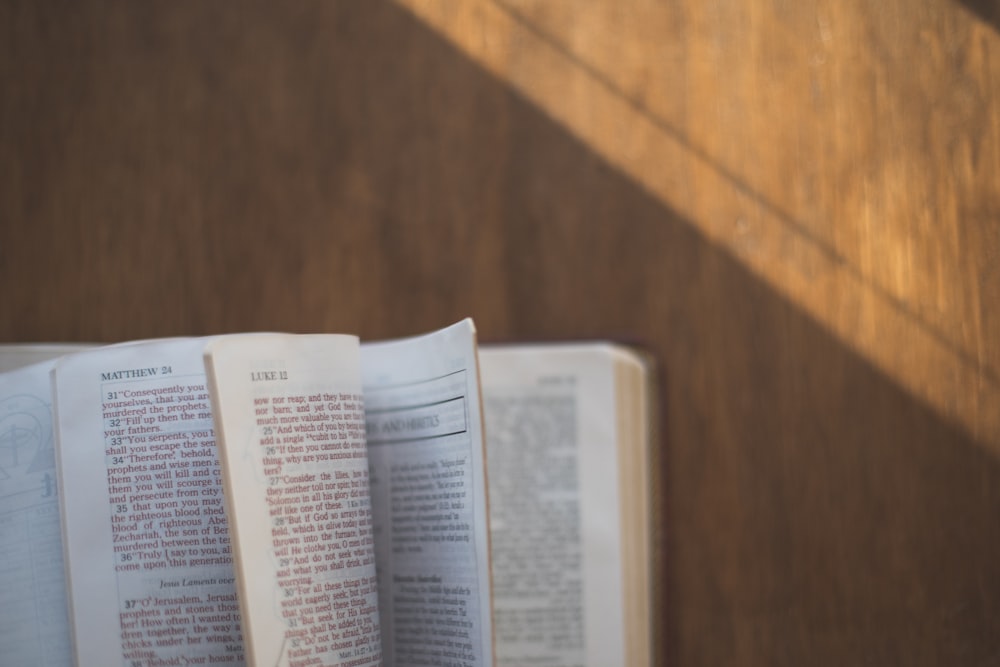 Livre ouvert sur une surface en bois