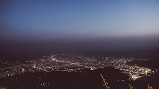 An artistic view of a cityscape at dusk, filled with lights.