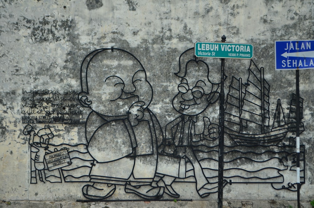 two man standing and walking mural
