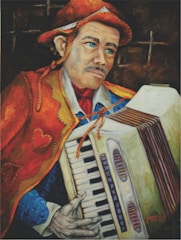 A painting of a man in vibrant traditional attire, featuring a red hat with decorative stitching and a cape adorned with heart patterns. He is playing an accordion, with detailed attention to the instrument's keys and bellows. The background is dark, emphasizing the subject's expression and attire.