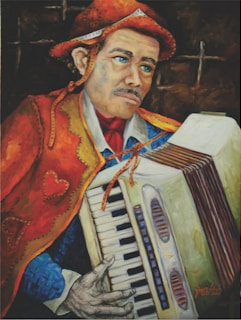 A painting of a man in vibrant traditional attire, featuring a red hat with decorative stitching and a cape adorned with heart patterns. He is playing an accordion, with detailed attention to the instrument's keys and bellows. The background is dark, emphasizing the subject's expression and attire.