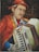 A painting of a man in vibrant traditional attire, featuring a red hat with decorative stitching and a cape adorned with heart patterns. He is playing an accordion, with detailed attention to the instrument's keys and bellows. The background is dark, emphasizing the subject's expression and attire.