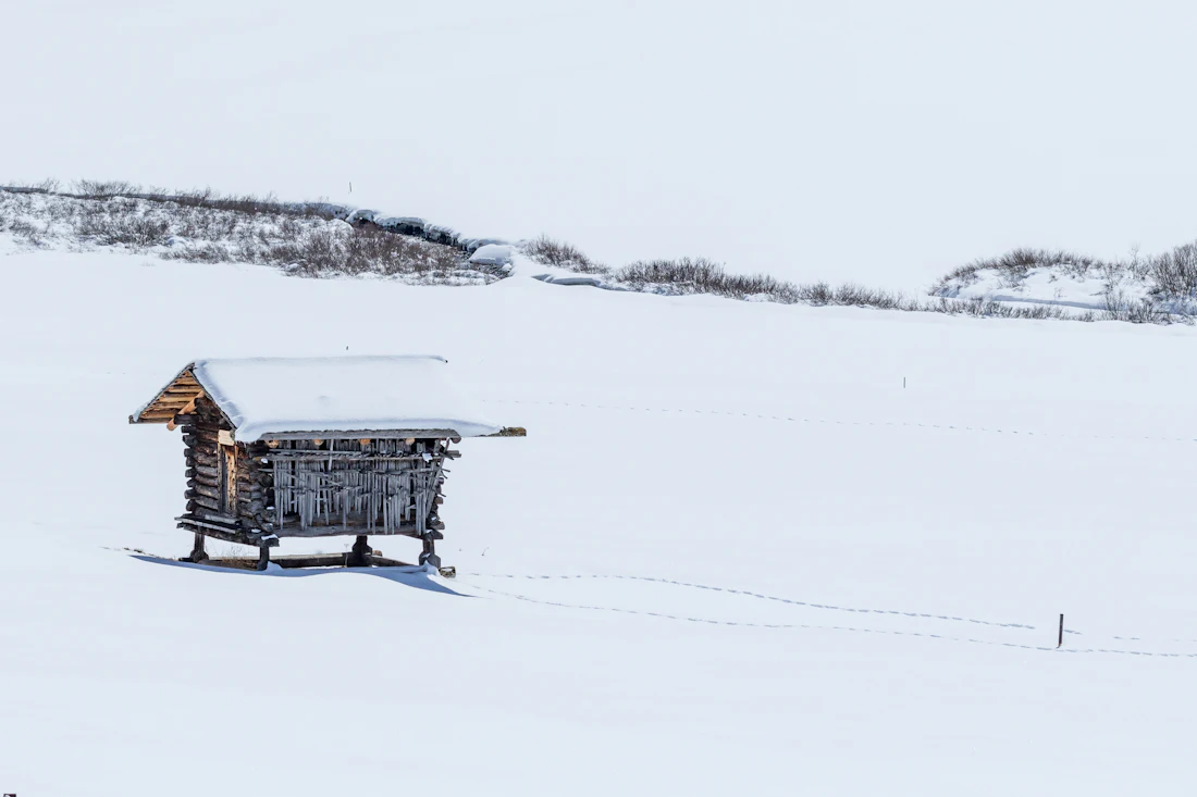 Besneeuwde schuur in Sertig Dörfli, een zijdal van Davos