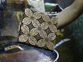 person holding square brown and black case