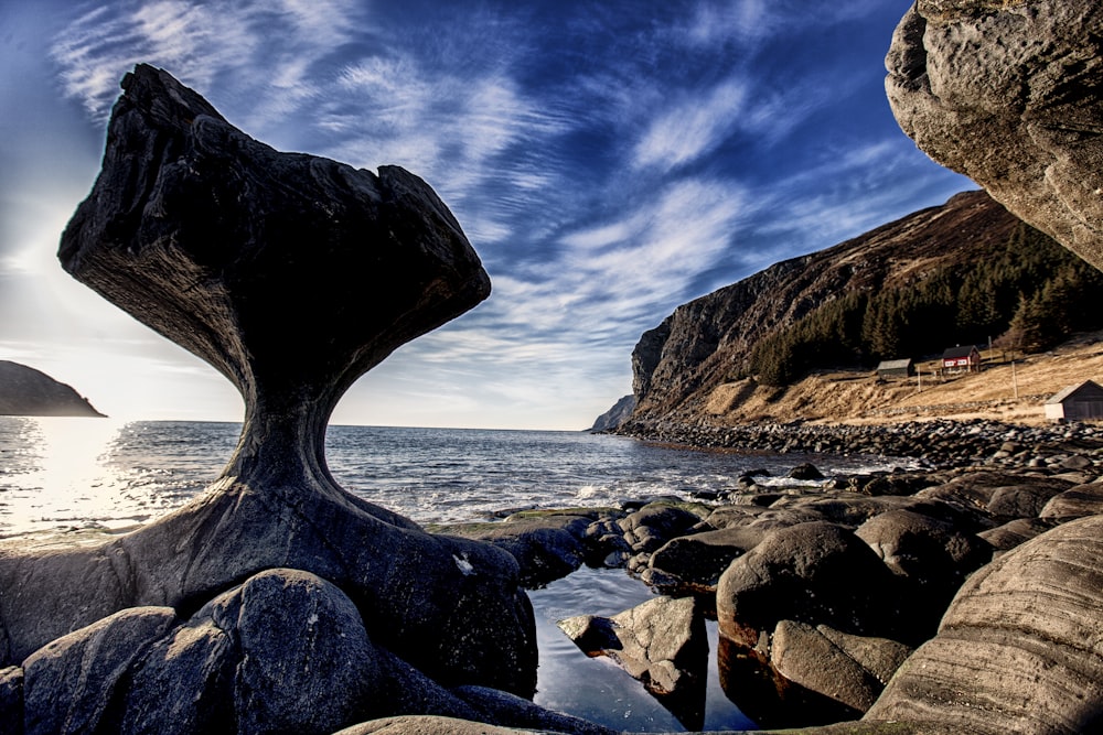 brown rock formation beside beach