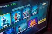A screenshot of a video game menu showing different game modes with graphical illustrations. The menu is in Portuguese and displays options such as solo, duplas, esquadrões, and others. Bright and colorful imagery is used for each mode, with character figures and animations.