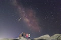 A group of five people stands on rocky terrain under a vast, starry night sky with the Milky Way clearly visible. The night is filled with countless stars, and there is a streak of light, possibly a shooting star or meteor, crossing the sky. The scene suggests a remote or elevated location, ideal for stargazing.