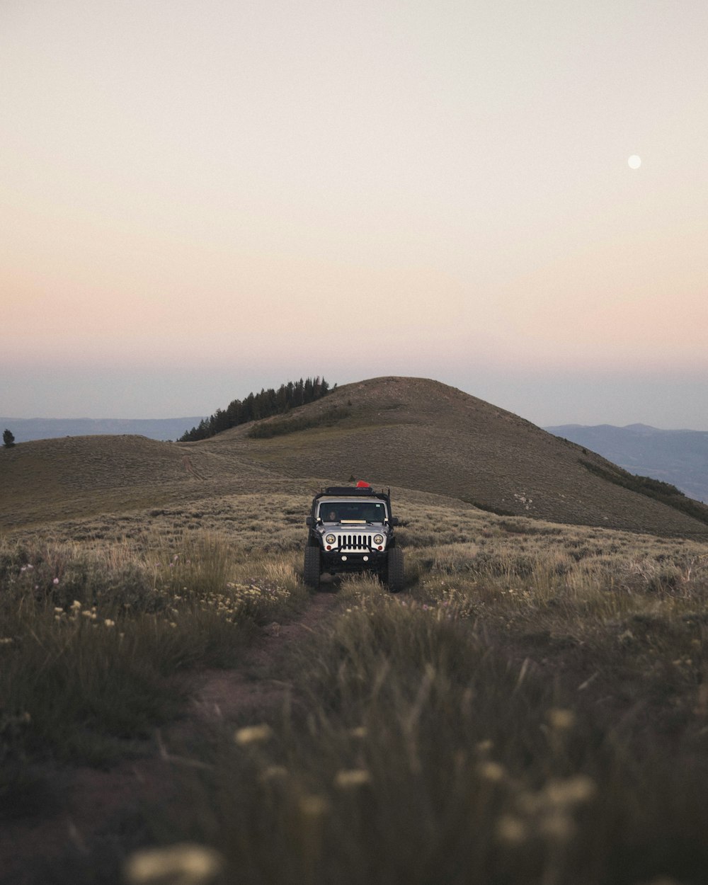 Jeep Wrangler cinza no campo de grama verde