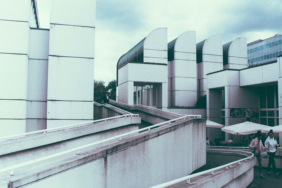 two women walking on pathway, Bauhaus Archive