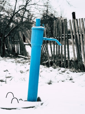 A blue water pump stands prominently against a snowy ground. Behind it, a weathered wooden fence stretches out, with bare trees visible in the background. The atmosphere is cold, suggesting a winter scene.