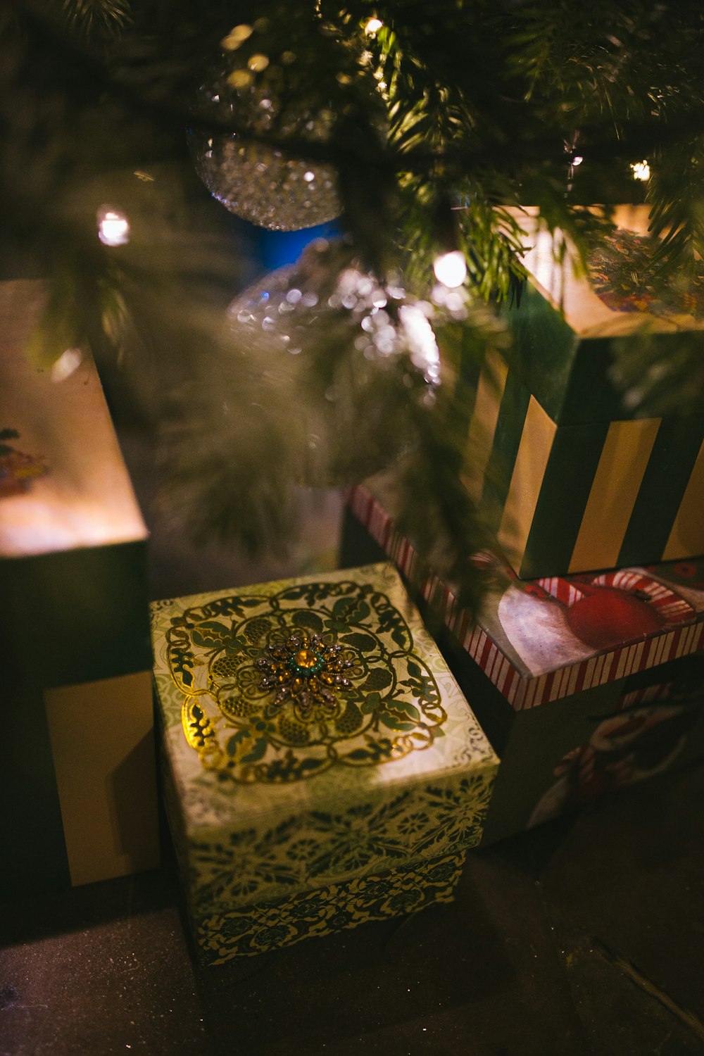 close-up photography of square white and green gift box