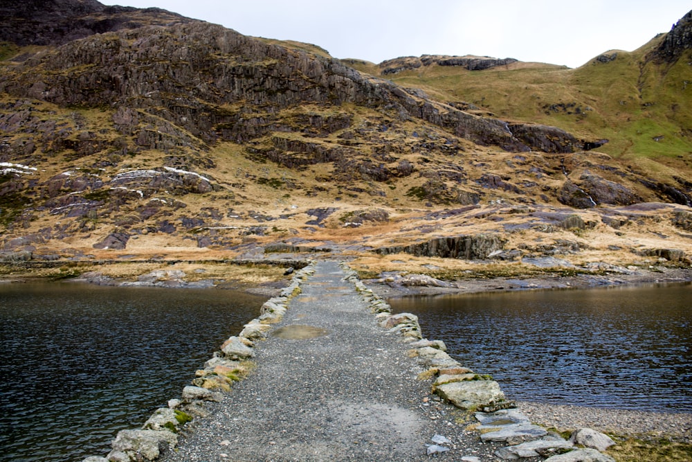 grey pathway beside mountain during daytime