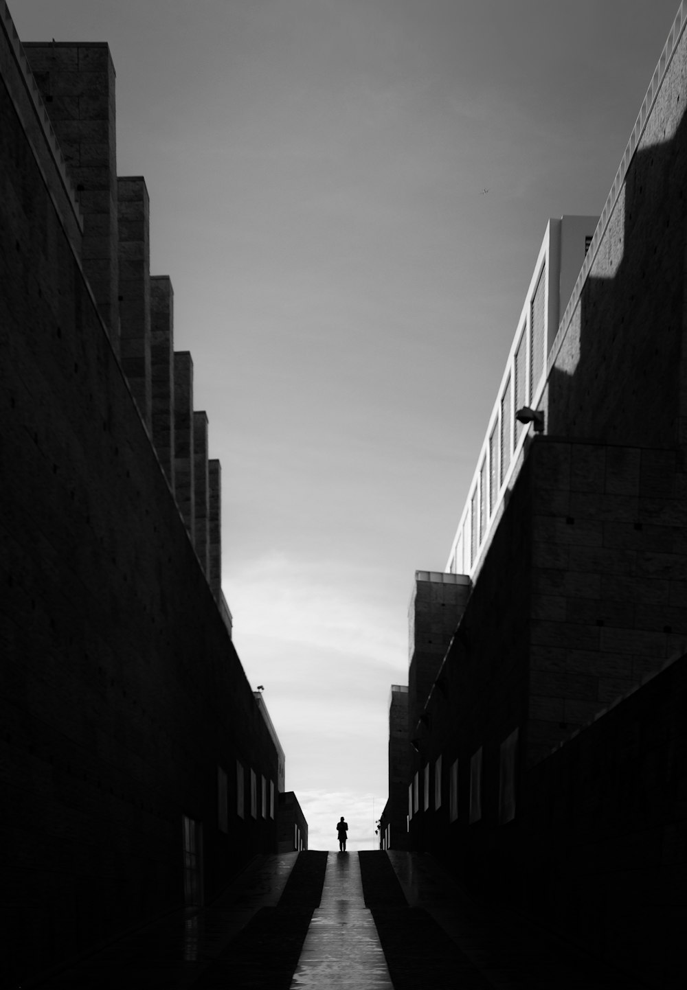 greyscale photo of pathway between buildings