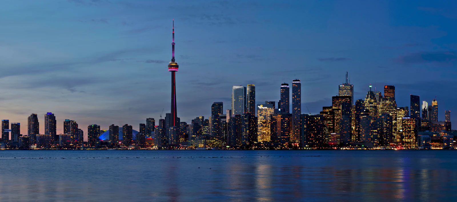 Toronto skyline and CN Tower at dusk, Canada